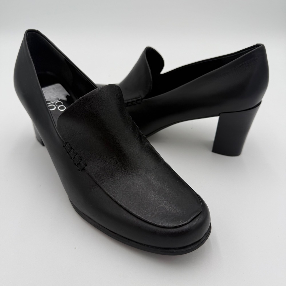 Franco Sarto Nolan Pump Black Leather Block Heel Loafers High Heels Shoes 9.5